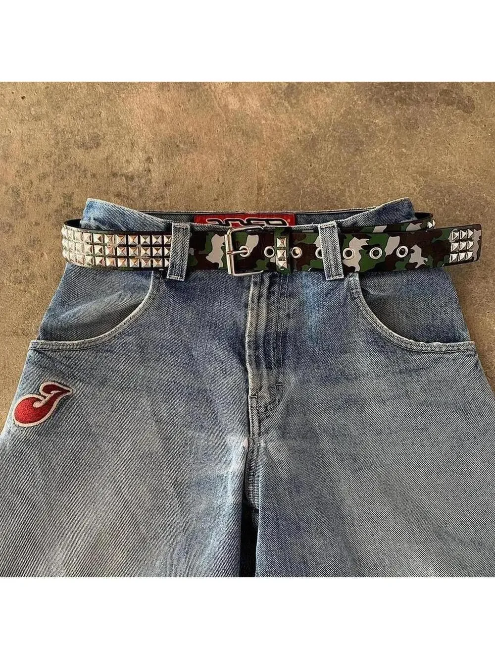 Vintage y2k 2000s Punk Style green camoDiamond Studded black essential belt